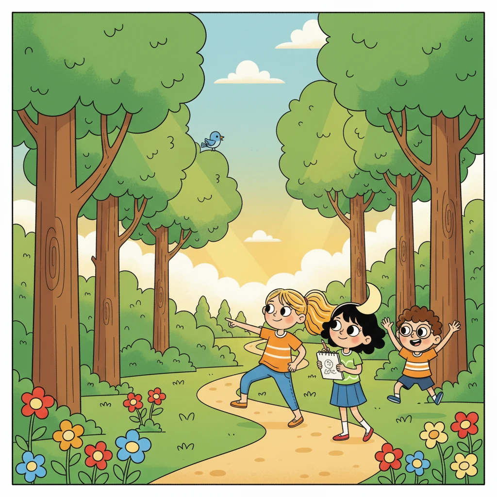 A floresta era um lugar de maravilhas, com árvores altas e flores coloridas. Luna apontou para um caminho misterioso: "Olhem, uma trilha secreta!" Estrela, com seu bloco de desenho, começou a registrar tudo.