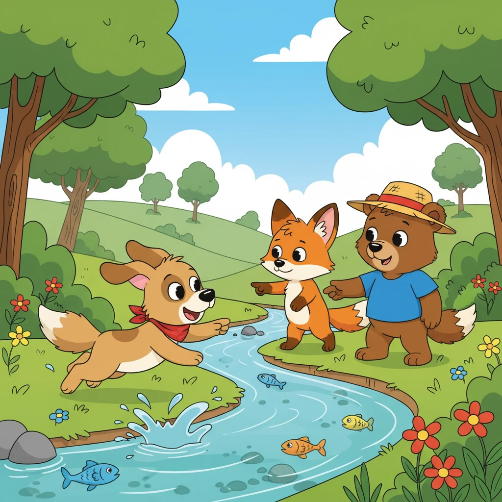 Brisa, correndo na frente, encontrou um riacho cristalino. Foguinho, curioso, perguntou: "O que será que vive lá dentro?" Sol, com um sorriso, respondeu: "Vamos descobrir juntos!"