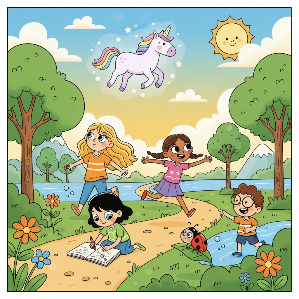 Eles seguiram a trilha, encontrando animais amigáveis e paisagens incríveis. Luna sonhava com um unicórnio, e Estrela desenhava cada detalhe. Brisa corria animada, e Foguinho fazia perguntas sobre a natureza.