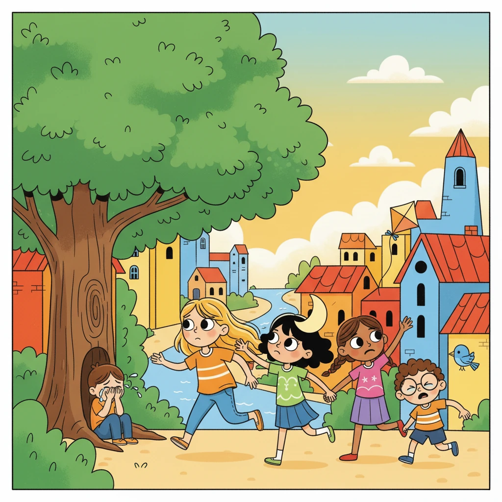 De repente, ouviram um choro vindo de trás de uma árvore grande. Sol, preocupado, disse: "Alguém precisa de ajuda!" Eles correram para ver o que estava acontecendo.