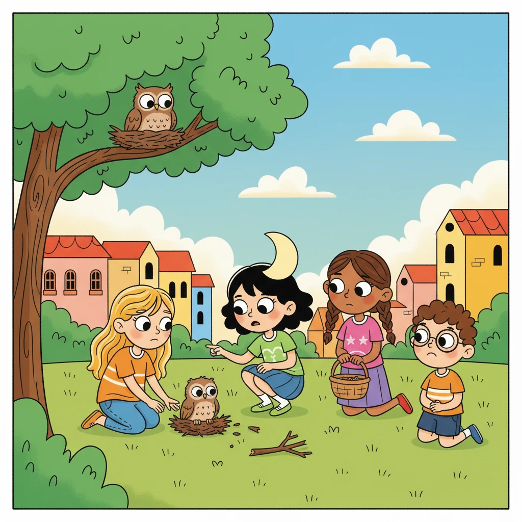 Eles encontraram um filhote de coruja que havia caído do ninho. Foguinho, com seu conhecimento, explicou como cuidar dele. A turma se uniu para ajudar o pequeno animal.