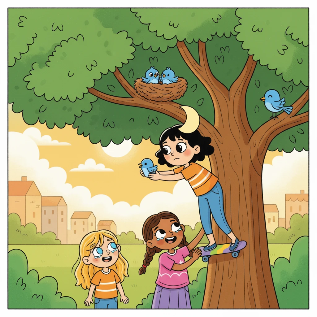 Com cuidado, eles colocaram o filhote de volta no ninho, observando-o se juntar à sua família. Sol sorriu: "Trabalhamos em equipe e fizemos o bem!" Luna e Estrela concordaram, com lágrimas de alegria nos olhos.