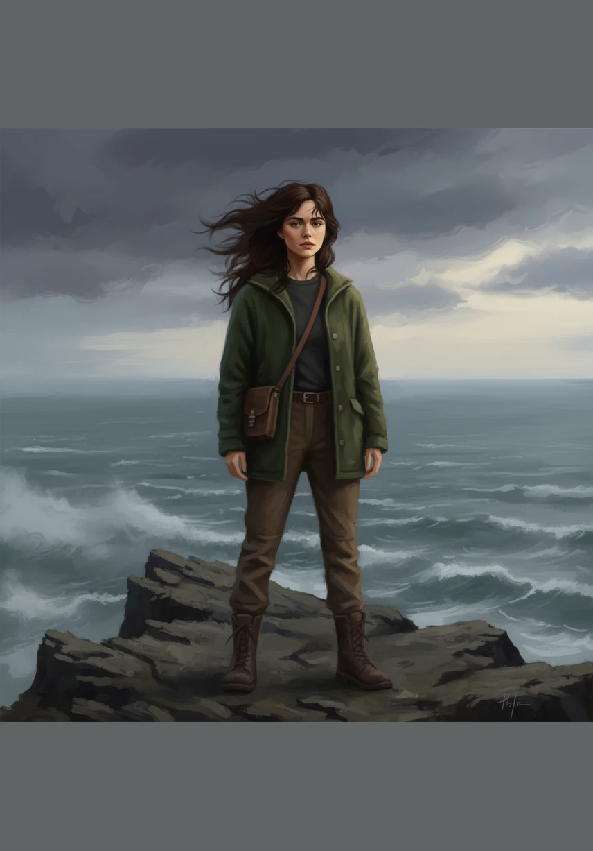 Elena stands on a weathered cliffside, her dark hair whipped by the salt-tinged wind as she stares intently at the gray horizon. There is a quiet intensity in her gaze, as if she is searching for a sign hidden within the rolling fog that blankets the sea.