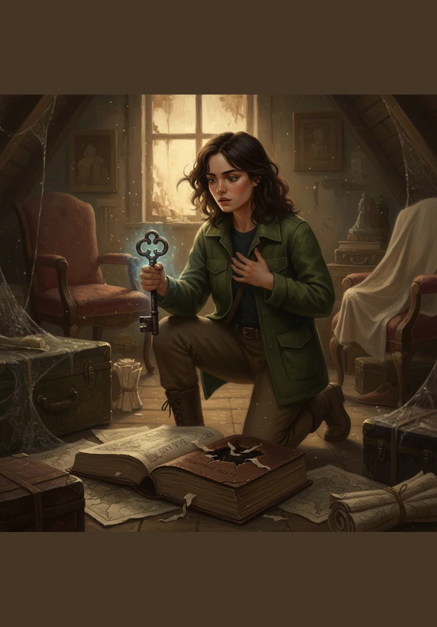 Deep in the dusty attic of her family home, she finds a rusted iron key tucked inside a hollowed-out book of old maritime maps. The key feels unnaturally cold to the touch, vibrating with a faint, rhythmic pulse that seems to match the beating of her own heart.