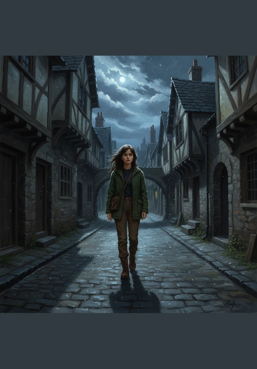 She walks through the cobblestone streets of the sleeping town, the moonlight casting long, dramatic shadows against the ancient stone walls. The town feels different tonight, as if the buildings themselves are leaning in to whisper secrets she isn't yet ready to hear.