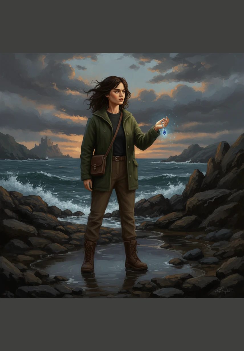 At the edge of the forbidden cove stands the Obsidian Lighthouse, its blackened stones slick with sea spray and the passage of time. Elena approaches the heavy wooden door, noticing that the iron key she found fits the lock perfectly, as if it had been waiting for her return.