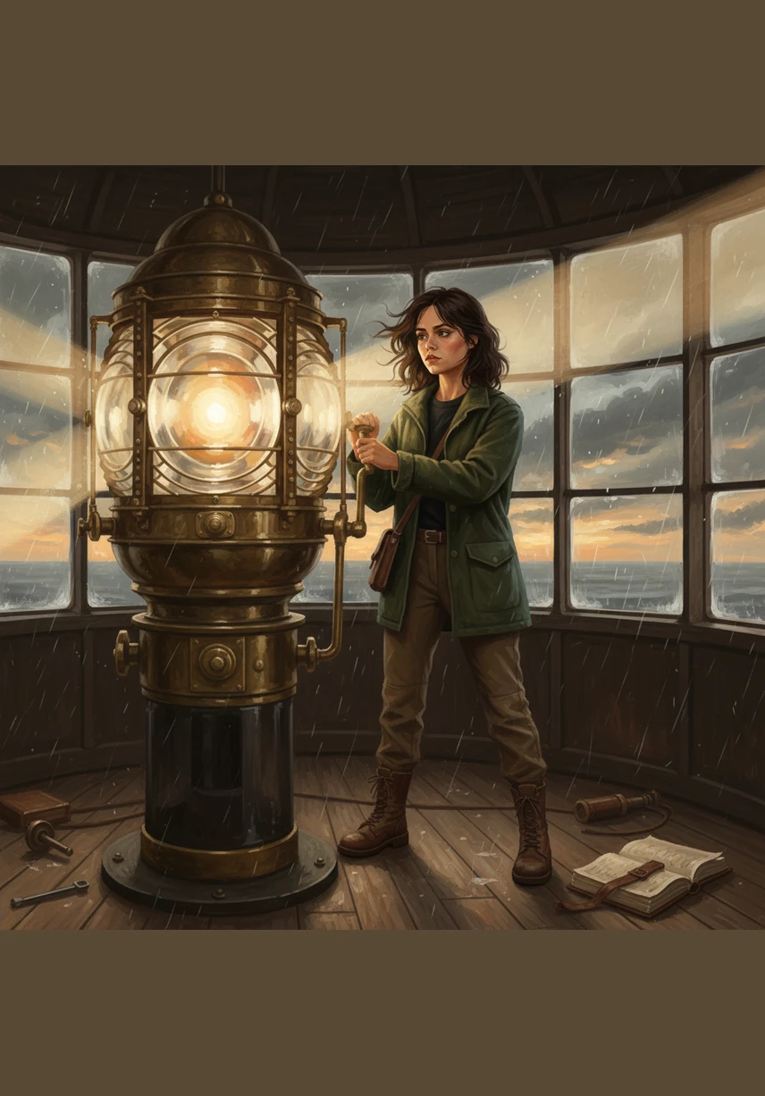 Inside the lighthouse, the air is still and smells of ancient parchment and ozone. A spiral staircase winds upward into the darkness, and Elena begins her ascent, her footsteps echoing against the cold stone walls in a steady, determined rhythm.