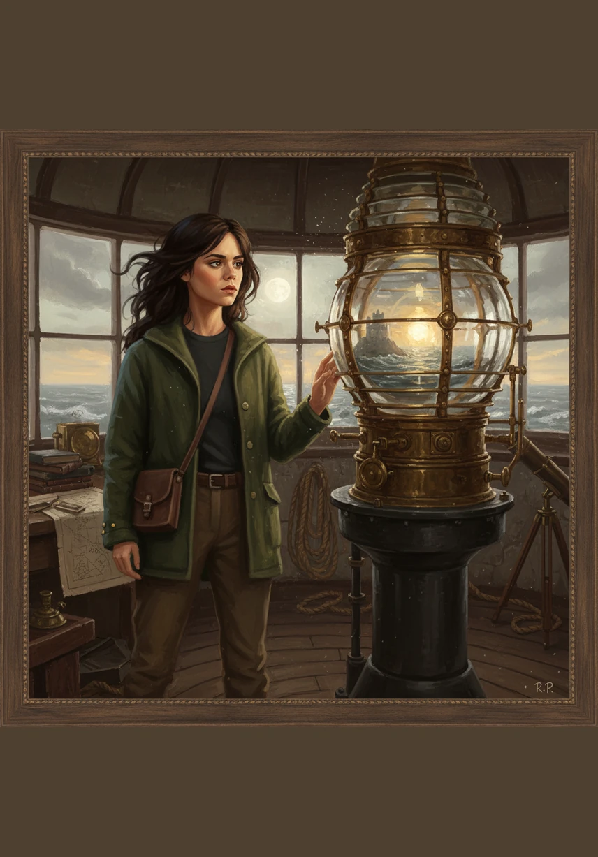 Reaching the lantern room, she finds a massive, intricate lens made of deep purple glass instead of the usual clear crystal. She wipes away the layers of thick dust, revealing a series of etched constellations that do not match any stars in the sky above.