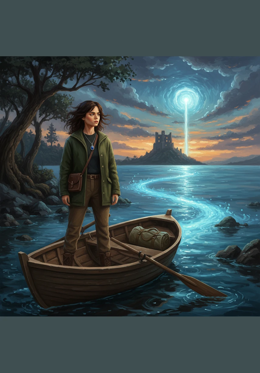She realizes that her ancestors weren't just simple sailors, but guardians of a gateway between worlds. With a newfound sense of purpose, she packs a small bag and prepares a weathered rowboat, ready to follow the glowing path into the unknown.