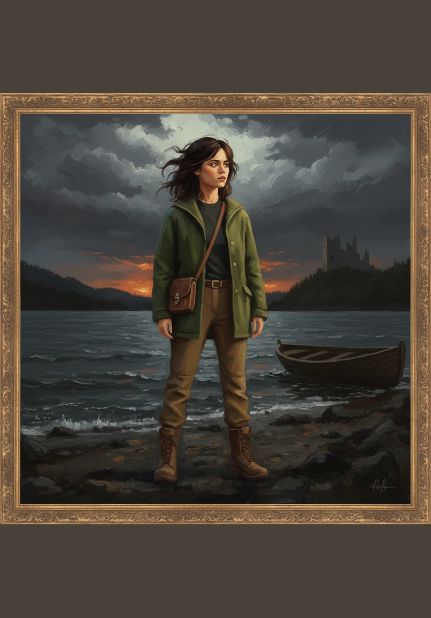 Standing at the water's edge, Elena takes one last look at her quiet town before turning her gaze back to the glowing horizon. Her expression is no longer one of longing, but of fierce determination as she pushes her boat into the surf to begin her true journey.