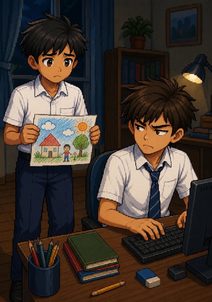 One day, his classmate Sam shared a drawing he worked hard on, but it looked a bit messy. Without thinking, Leo typed a mean comment, calling the artwork silly and embarrassing.