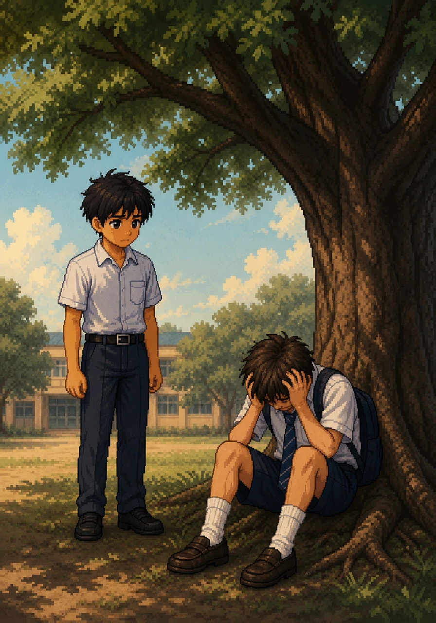 The next morning at school, Leo noticed Sam sitting alone under the big oak tree, looking deeply upset and holding his head in his hands. Leo's heart sank as he realized his words had caused real tears.