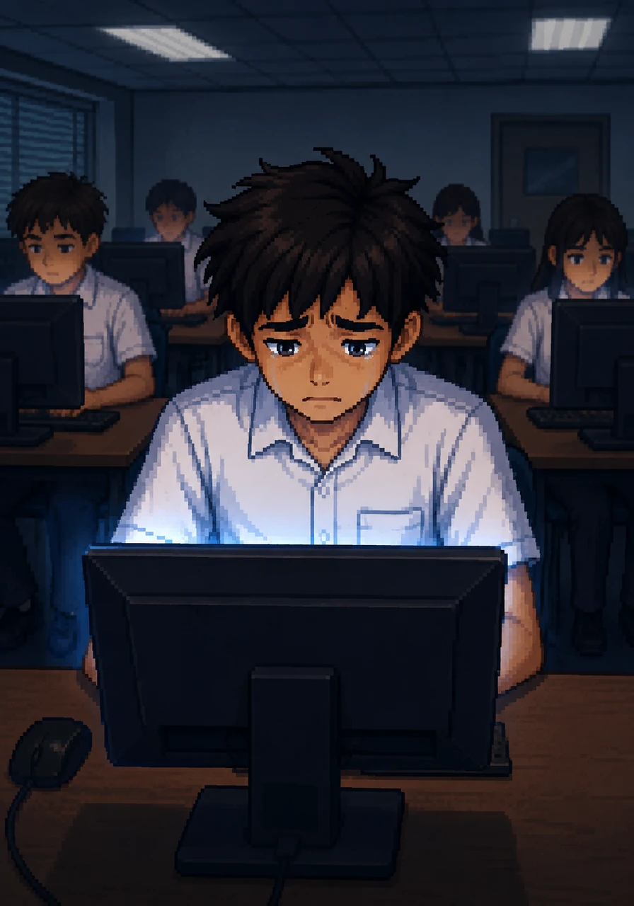 During computer class, Leo stared at his glowing screen, feeling a heavy weight in his chest. The fun of his online world had completely vanished, replaced by regret.