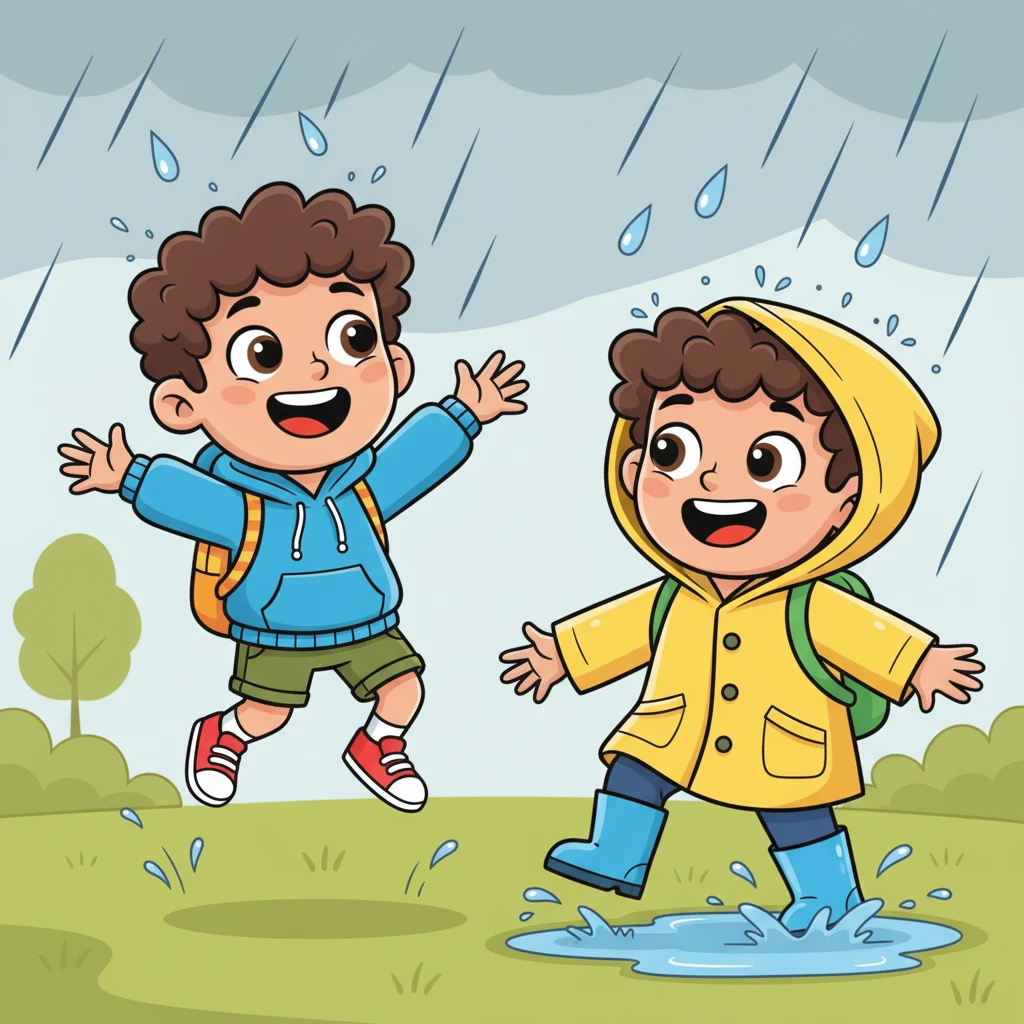 Un día soleado y normal, Mike y Will se encontraron bajo una lluvia repentina. Rápidamente, se hicieron amigos, riendo y jugando como si se conocieran de toda la vida. Sus caras sonrientes brillaban bajo el cielo gris, listos para nuevas aventuras.