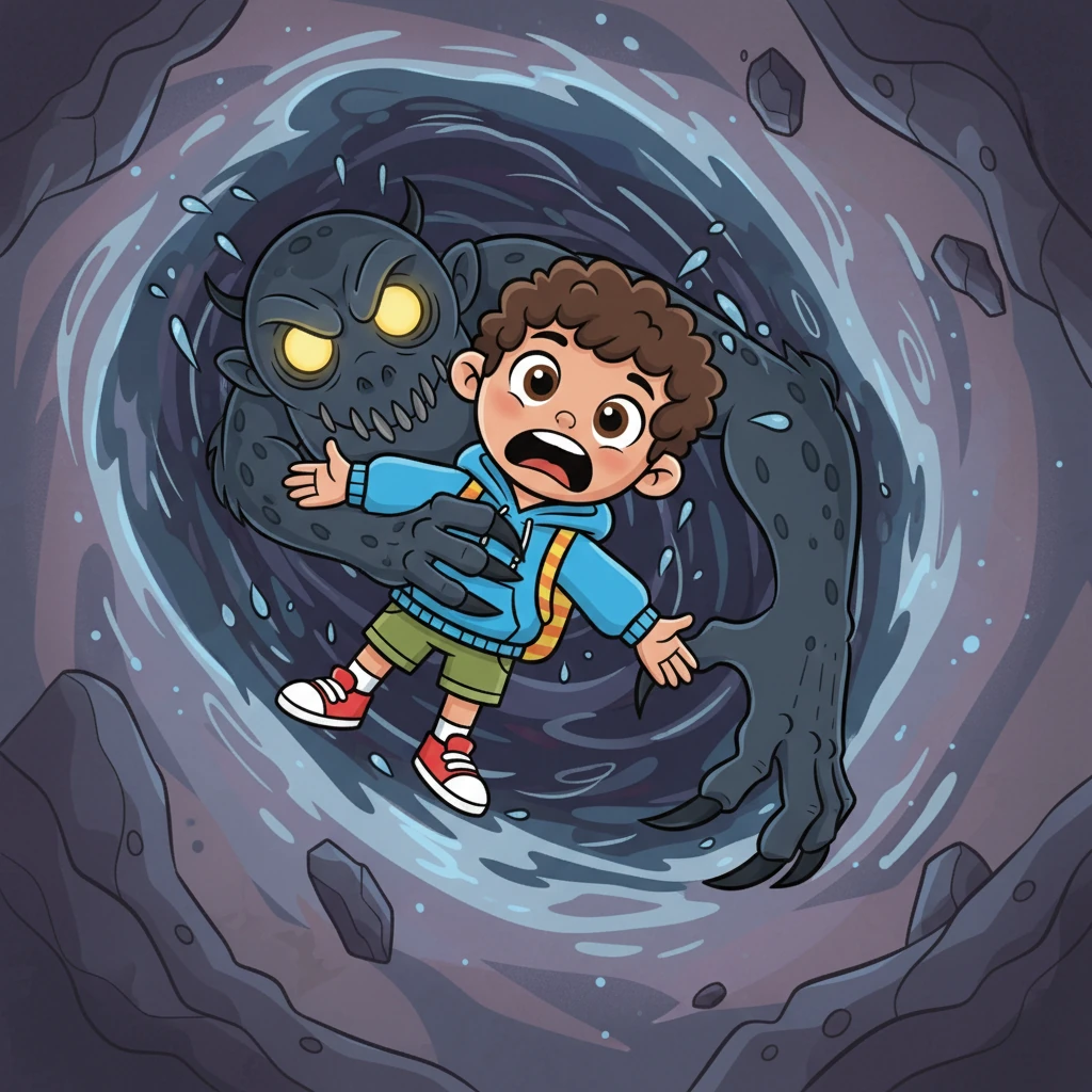 El monstruo, con sus garras largas y ojos brillantes, atrapó a Will. Lo arrastró a un lugar oscuro y desconocido, una dimensión misteriosa donde los colores eran tenues y el aire frío. Will se sintió muy asustado y solo en ese extraño mundo.