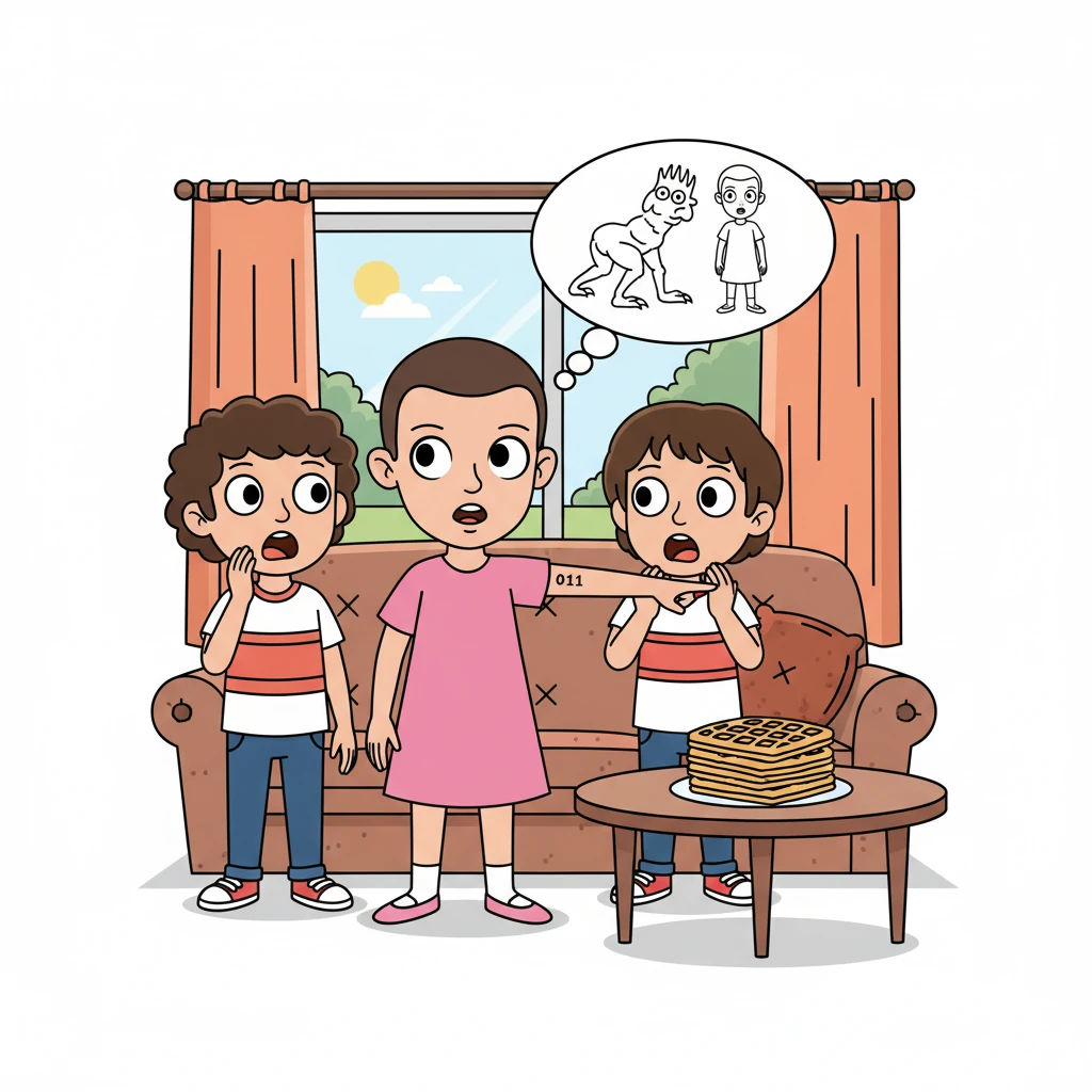 Cuando Dustin y Lucas se fueron a buscar ropa limpia, Once señaló su tatuaje. "¡Once!", dijeron Mike y Will, sorprendidos. Ella asintió y por fin habló. Mike le consiguió unos deliciosos waffles y, mientras él iba a la escuela, Once usó sus poderes para ver dónde estaba. Ella sabía que debían encontrar a la criatura que se llevó a Will.