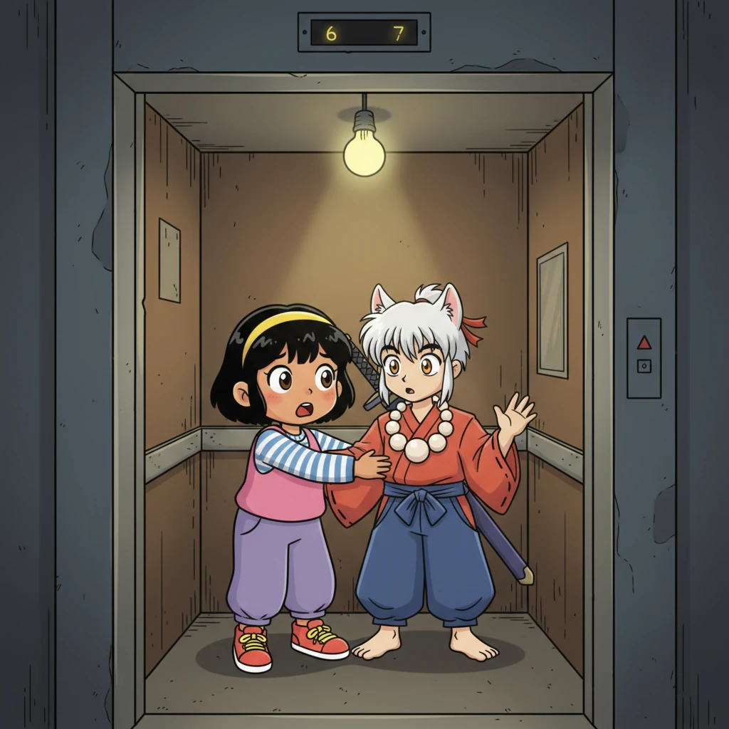 The old elevator groaned with a tired hiccup, then suddenly stopped with a jolt between the sixth and seventh floors. The lights flickered nervously, once, twice, before settling on a dim, sickly yellow glow. Kagome's hand instinctively tightened around Inuyasha's arm, her eyes wide with a mix of fear and concern.