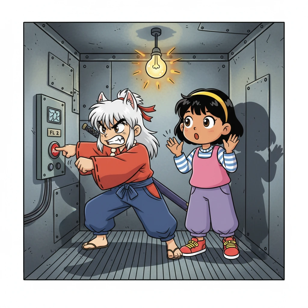 Inuyasha, ever impatient, punched the elevator panel with a frustrated grunt, muttering about the ancient machinery. He jabbed the alarm button, but only silence answered his efforts. Above them, the single light bulb flickered again, casting their exaggerated shadows in a dance across the metallic walls.