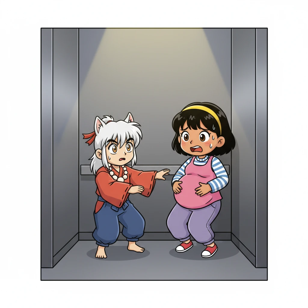 Kagome exhaled sharply, pressing both palms to the round swell of her belly as another strong cramp rippled through her. Sweat beaded at her hairline, the air-conditioning having died with the lift. Her knees buckled slightly under the unexpected intensity, a clear sign that their situation was becoming urgent.