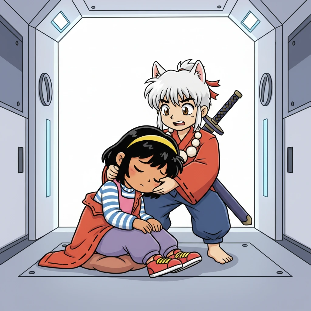 Quick as a flash, Inuyasha caught her before she could fully collapse, his rough voice a mix of worry and determination. He shucked off his bright red windbreaker, folding it carefully to cushion the cold metal floor. “Sit,” he urged, pulling her down gently so she could lean against his sturdy chest.
