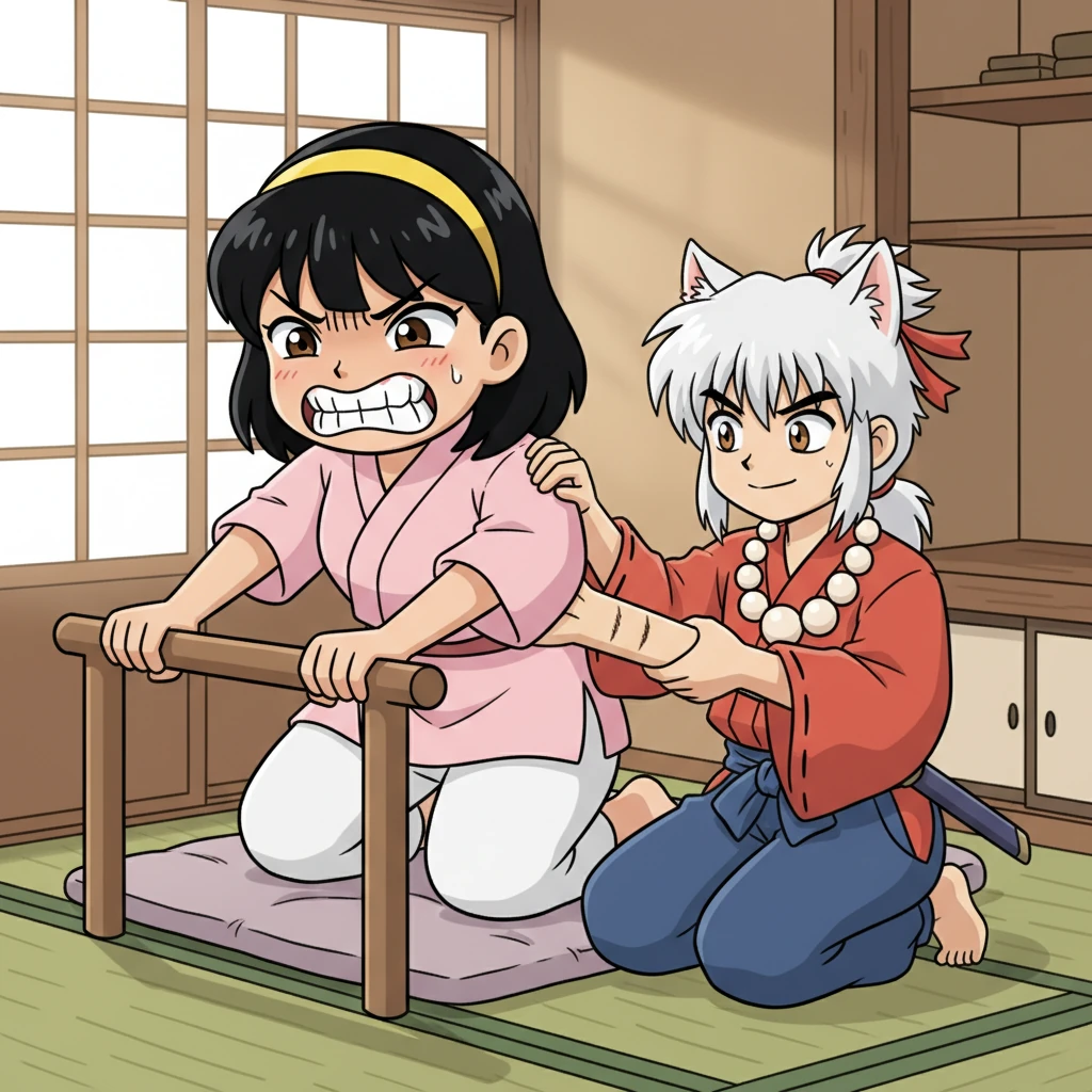 As the next contraction built, Kagome gripped the handrail, her knuckles white, her strength making the metal groan. “Let it go,” Inuyasha encouraged, offering his forearm instead. She bit down, and he welcomed the sharp pain, counting the seconds of her struggle with the imprints of her teeth, a testament to their shared courage as a new life began to crown.