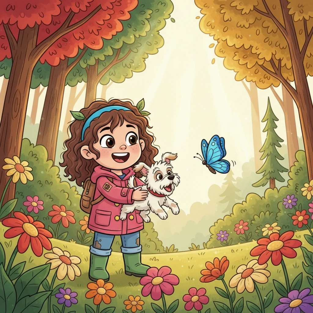 Lila e seu cachorrinho, Pipoca, brincavam alegremente perto da orla de uma floresta cheia de cores. Pipoca, um cãozinho fofo e brincalhão, corria atrás de uma borboleta azul, latindo de felicidade. O sol brilhava e as flores dançavam ao vento, criando um cenário perfeito para a diversão.