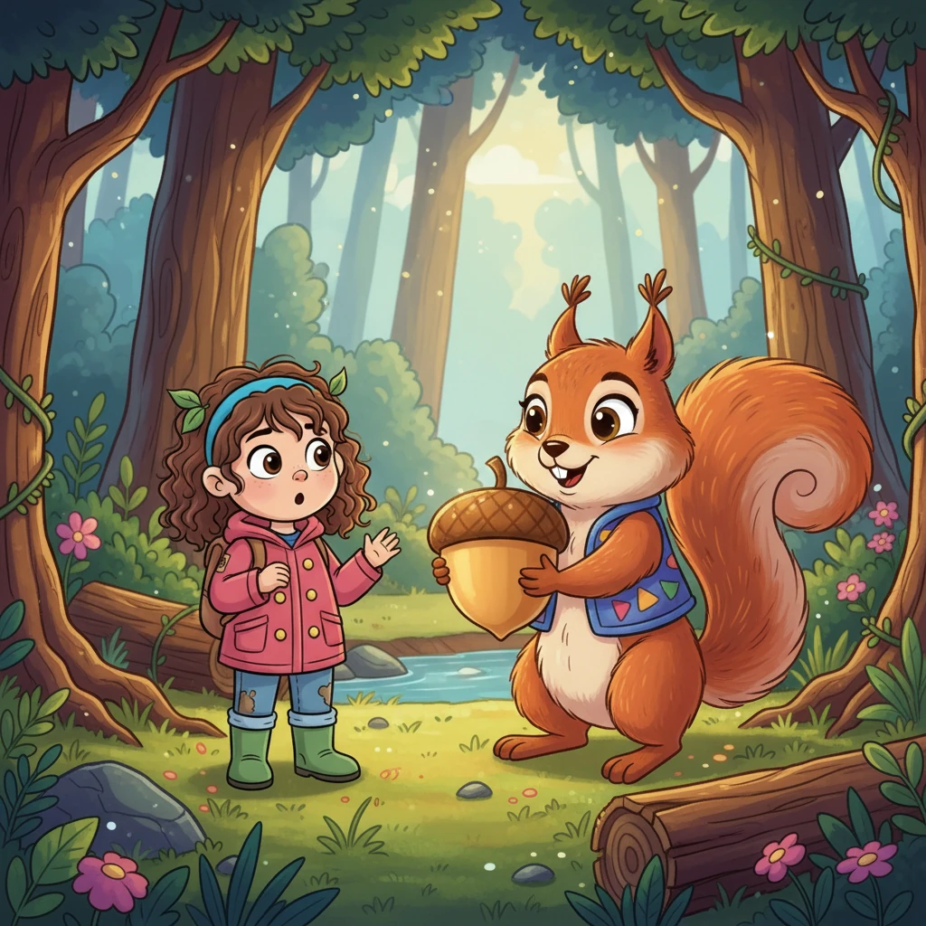 Logo, ela encontrou um esquilo falante e superdimensionado, com olhos brilhantes e um sorriso simpático. O esquilo, segurando uma noz brilhante, ofereceu-se para ajudar em troca de uma história. Lila, surpresa, contou sobre Pipoca e sua busca.