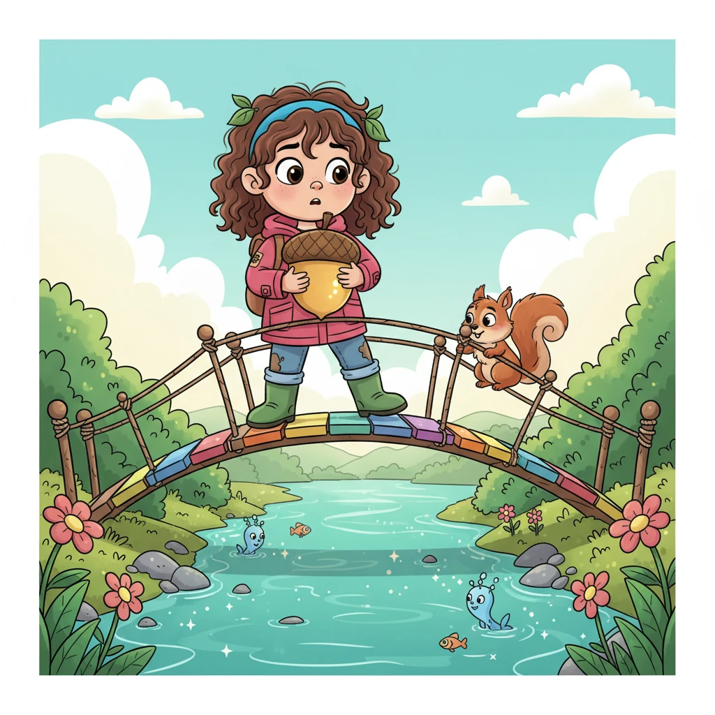 Guiada pelo esquilo, Lila chegou a uma ponte bamba de arco-íris que atravessava um riacho cintilante. Com cuidado e um pouco de coragem, ela atravessou a ponte, segurando firme a noz mágica que o esquilo lhe deu.