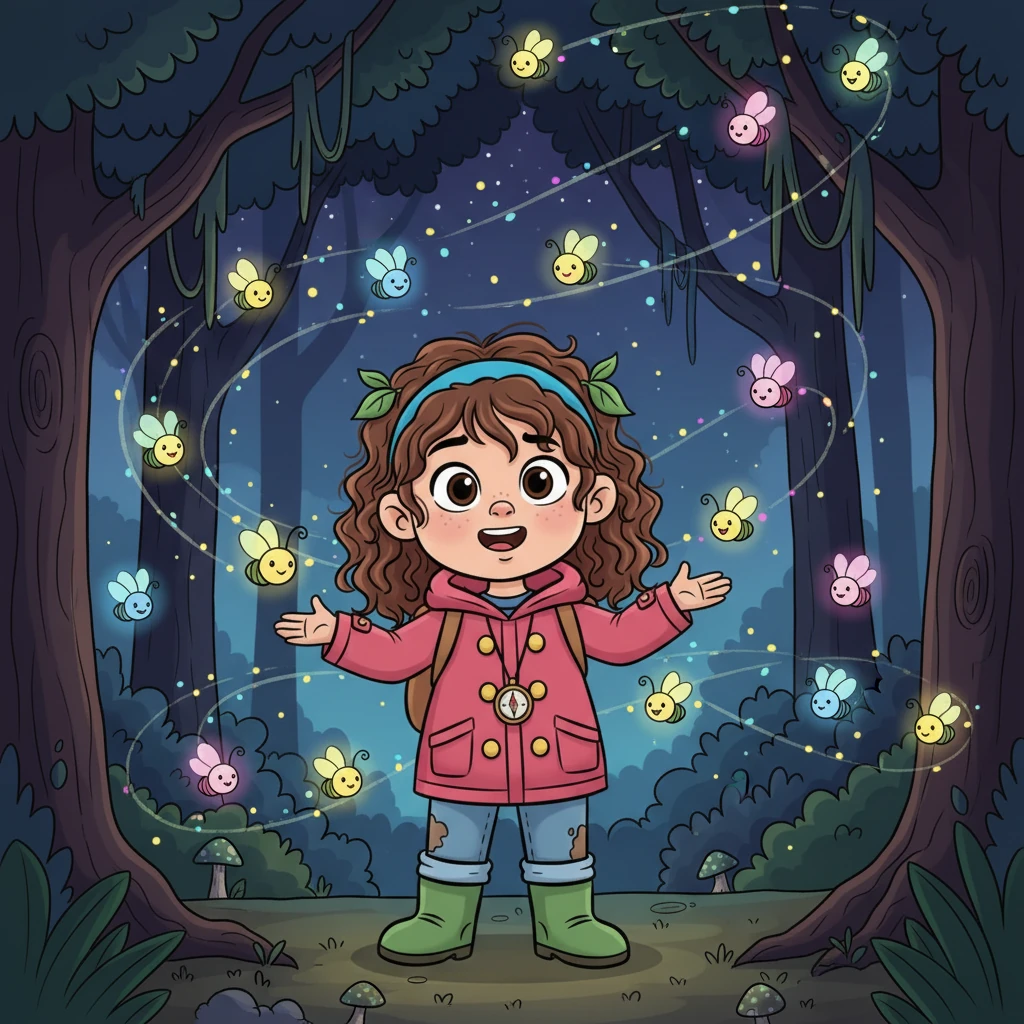 Mais adiante, um grupo de vaga-lumes brincalhões e risonhos apareceu, iluminando o caminho de Lila através de uma parte mais escura da floresta. Suas luzes coloridas dançavam, transformando a escuridão em um espetáculo mágico.