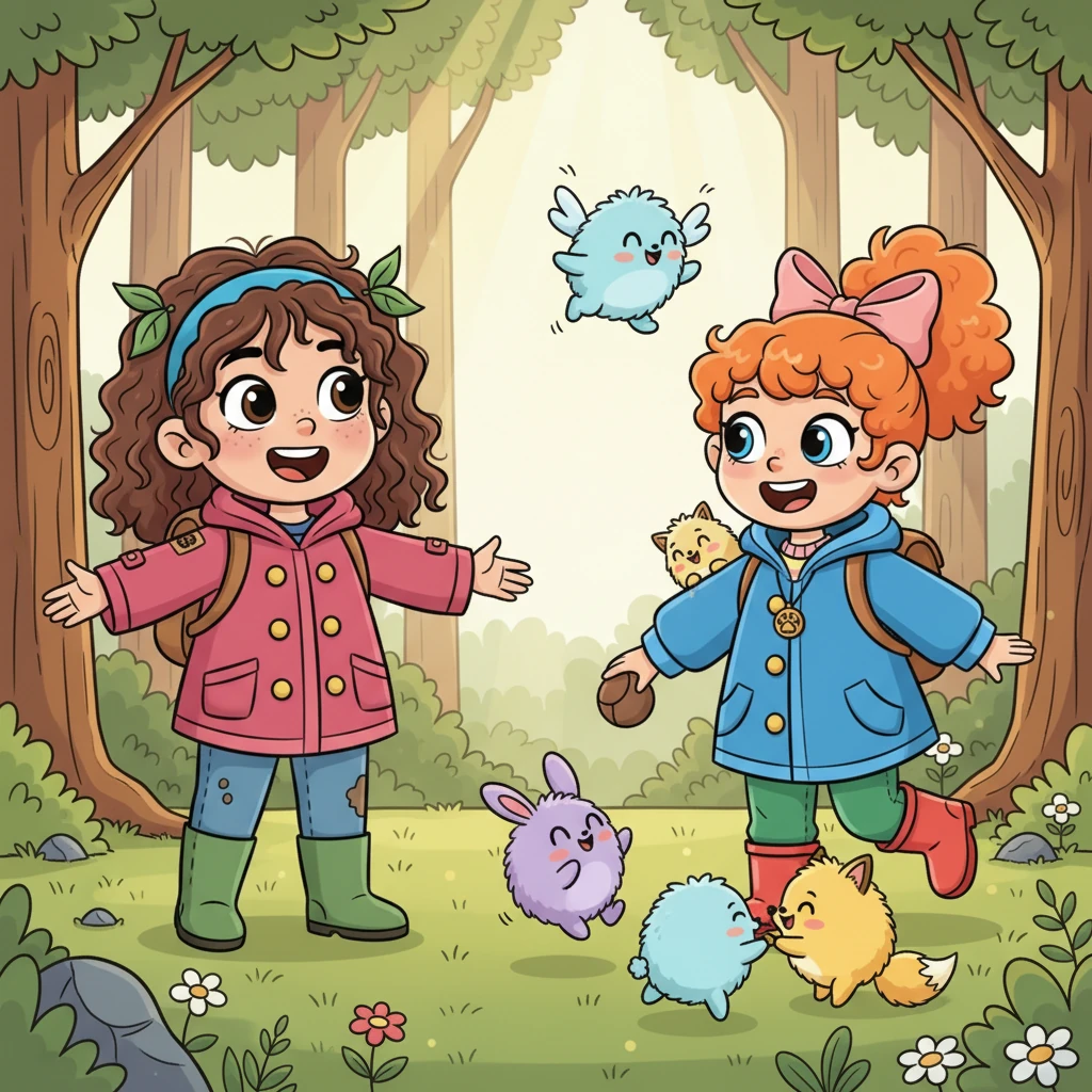 Finalmente, Lila viu Pipoca! Ele estava brincando alegremente com um grupo de adoráveis criaturas fofinhas da floresta em uma clareira ensolarada. Pipoca parecia feliz, mas seus olhos brilharam ao ver sua querida amiga.