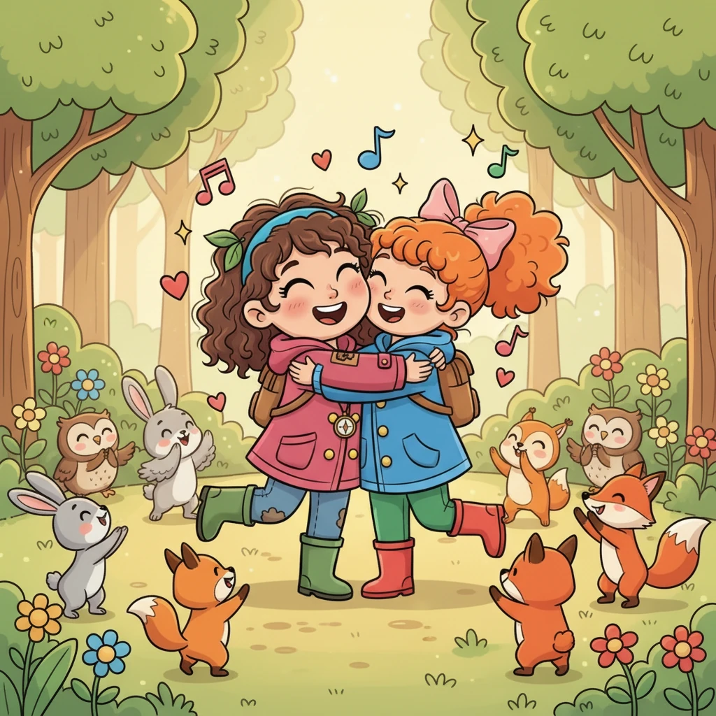 Lila correu e abraçou Pipoca com força, ambos transbordando de alegria pelo reencontro. As criaturas da floresta aplaudiram e dançaram, celebrando a amizade e o amor. O coração de Lila estava cheio de felicidade.