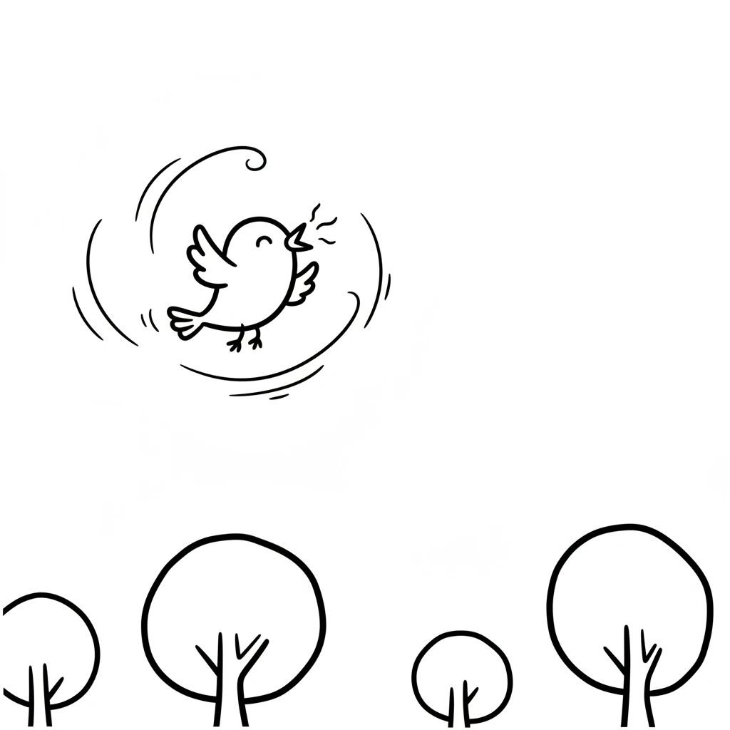 Pip, a tiny bird, loved to zoom and twirl in the big, blue sky. The wind tickled his feathers as he flew, feeling wonderfully free. He sang happy songs high above the trees.