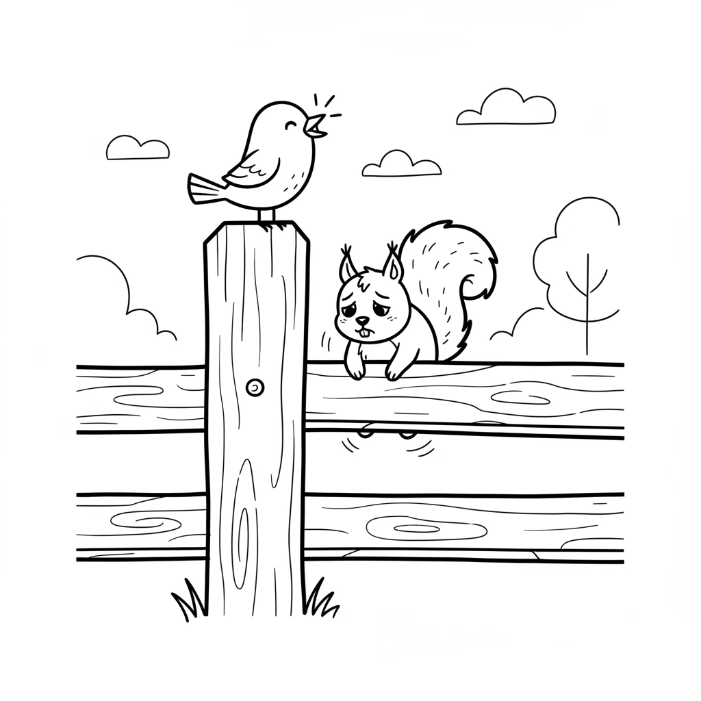 Pip landed on the fence post, chirping a cheerful tune. He tilted his head, asking Squeaky what was wrong. Squeaky chattered sadly about being stuck.