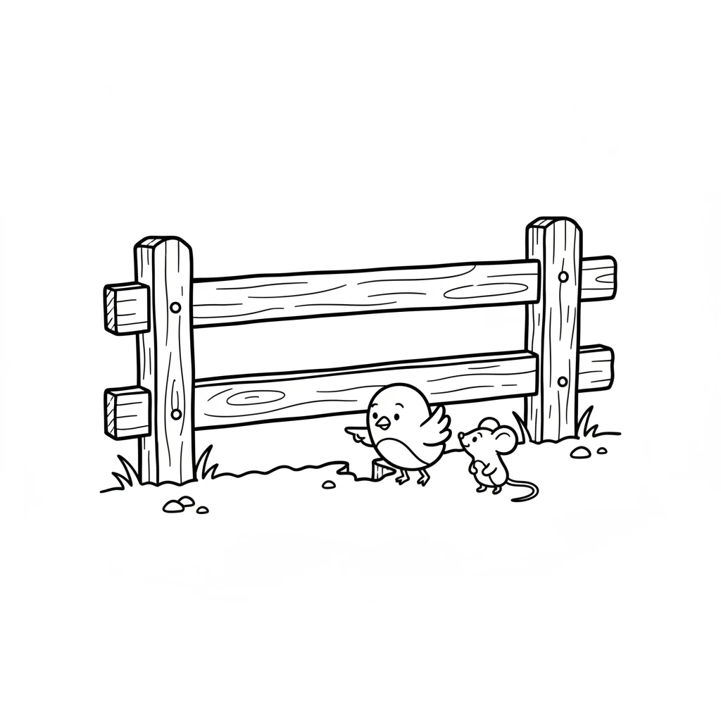 Pip had an idea! He flew down to a small gap at the bottom of the fence. He showed Squeaky how a tiny friend could wiggle right through.