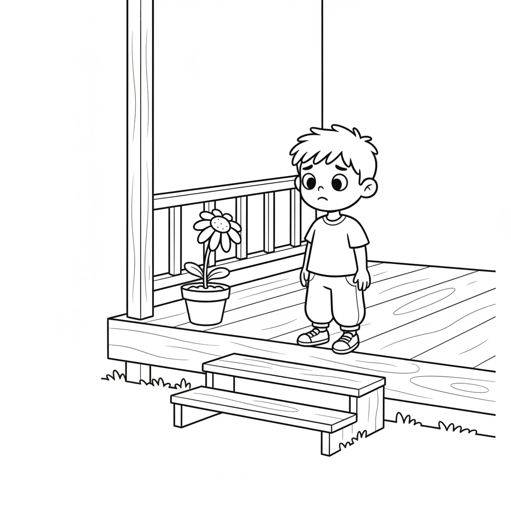 Pip then noticed a little potted daisy, Daisy, sitting alone on a porch. Her petals drooped a bit, wanting to feel the warm sunshine. She looked a little sad.