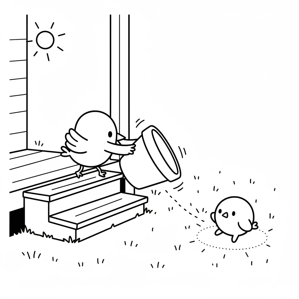 Pip gently pecked and pushed the pot with his beak. Slowly, slowly, he nudged it off the porch and onto the soft grass. Daisy rolled into a sunny spot.