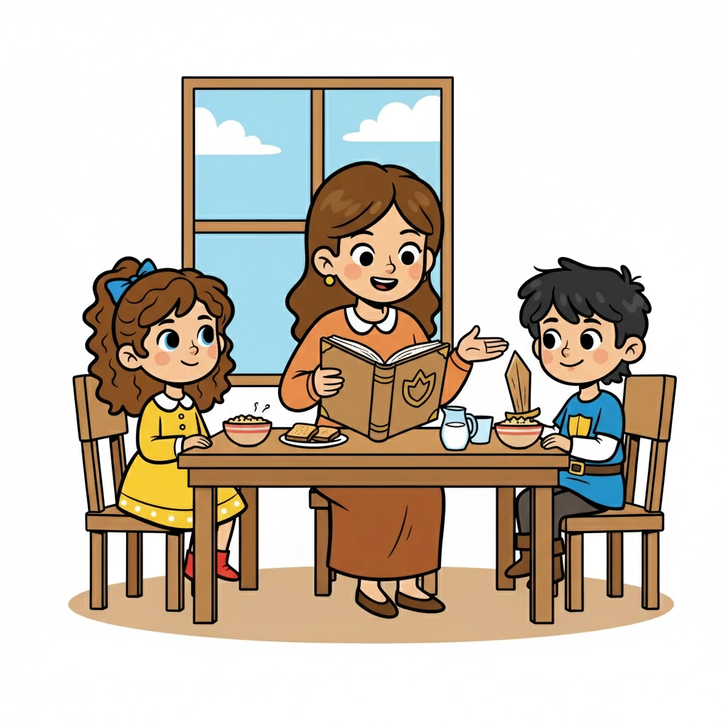 No café da manhã, a mãe de Ester e Estevan explicou a importância de honrar os pais, como um ato de amor e gratidão. Ela leu um trecho da Bíblia, mostrando a promessa de Deus para aqueles que honram seus pais.