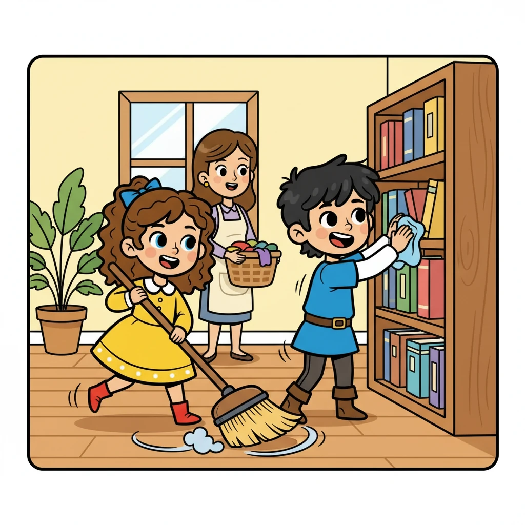 À tarde, os pais de Ester e Estevan pediram ajuda para arrumar a casa. Ester e Estevan, lembrando da lição, se ofereceram para ajudar com entusiasmo, trabalhando em equipe.