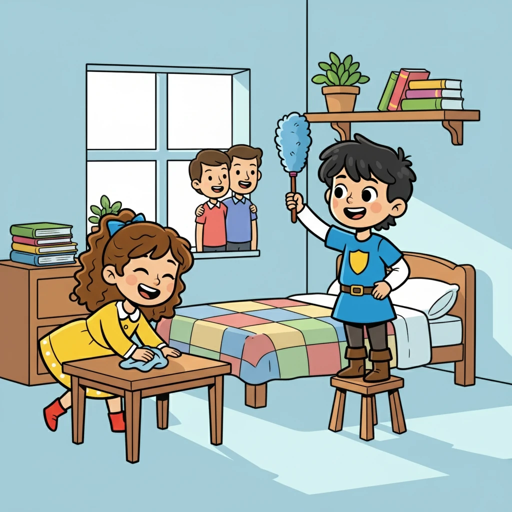 Enquanto trabalhavam, eles conversavam e riam, fortalecendo os laços familiares. A casa ficou limpa e organizada, e seus pais ficaram orgulhosos e felizes com a atitude deles.