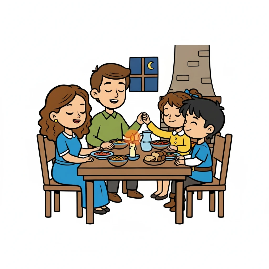 Na hora do jantar, a família se reuniu para agradecer a Deus pelas bênçãos recebidas. Ester e Estevan agradeceram aos pais pelo amor e cuidado, e prometeram honrá-los sempre.