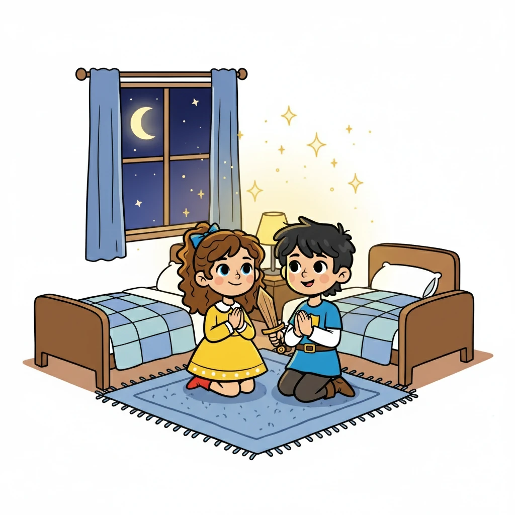 Antes de dormir, Ester e Estevan fizeram suas orações, pedindo a Deus que os ajudasse a continuar honrando seus pais. Eles sentiram a paz e a proteção divina em seus corações.