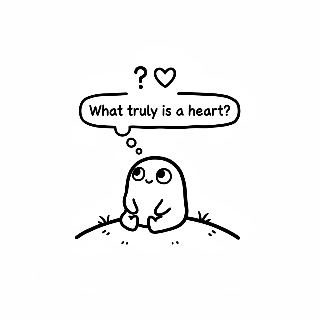 Pip, a small, round creature, sat on a tiny hill, looking out at the big, open world. A simple question mark floated above Pip's head, next to a soft,