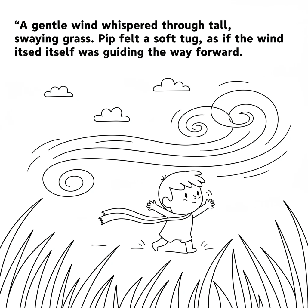 Pip decided to find out and began a journey. A gentle wind whispered through tall, swaying grass. Pip felt a soft tug, as if the wind itself was guidi