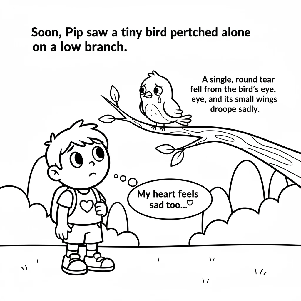Soon, Pip saw a tiny bird perched alone on a low branch. A single, round tear fell from the bird's eye, and its small wings drooped sadly. Pip's own l