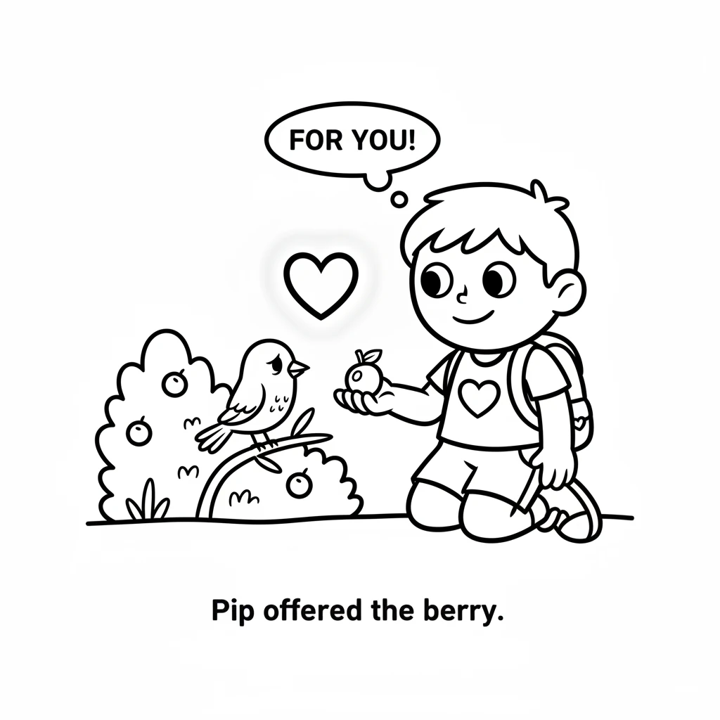 Pip carefully picked a plump, juicy berry from a nearby bush. With a kind smile, Pip offered the berry to the sad little bird. A warm, glowing heart s