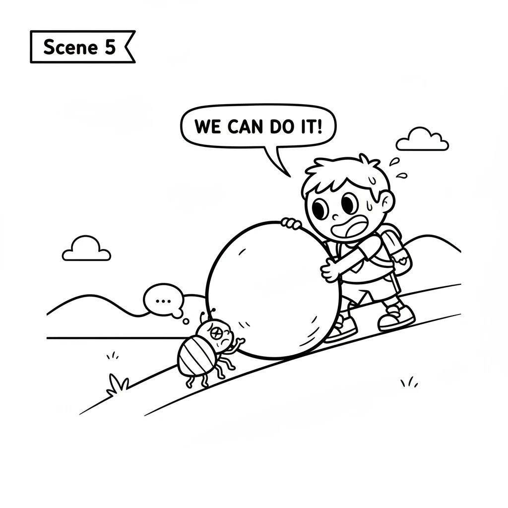 Further along the path, Pip spotted a round beetle struggling with a very large, smooth pebble. The beetle pushed and pushed, but the pebble would not