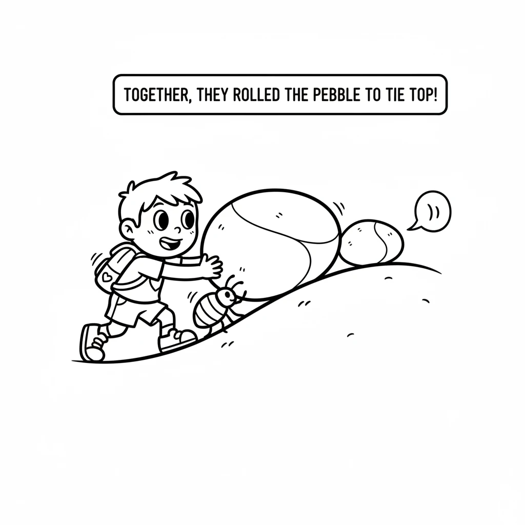 Pip scurried over and placed tiny hands against the big pebble, pushing with all might alongside the beetle. Together, with a happy grunt, they rolled