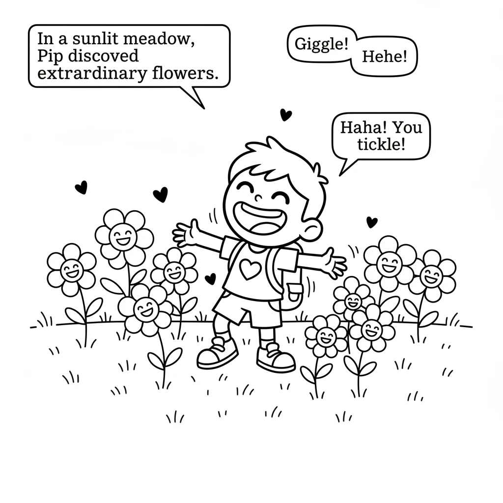 In a sunlit meadow, Pip discovered a patch of extraordinary flowers. When the breeze tickled their petals, they let out soft, happy giggles. Pip laugh