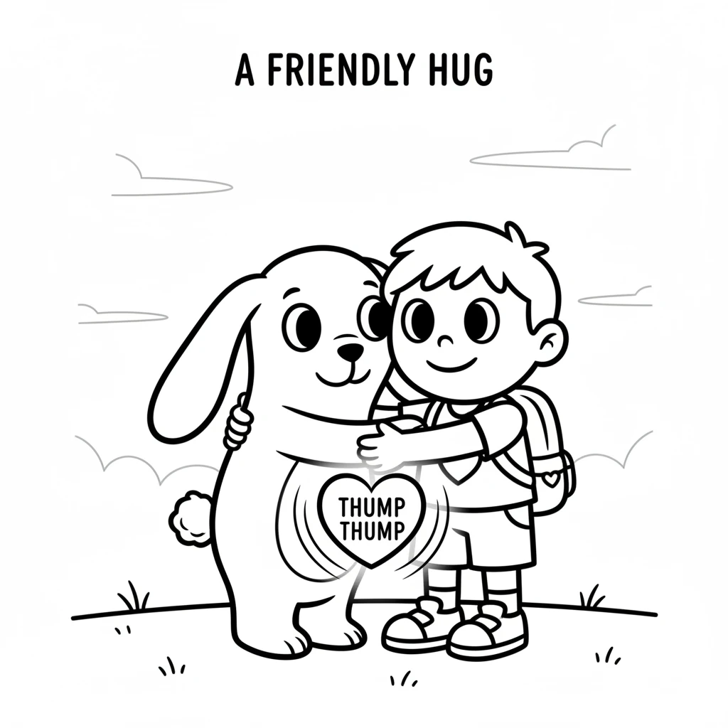 As evening drew near, a friendly, long-eared creature approached Pip. It offered a gentle, comforting hug, making Pip feel safe and deeply cared for.