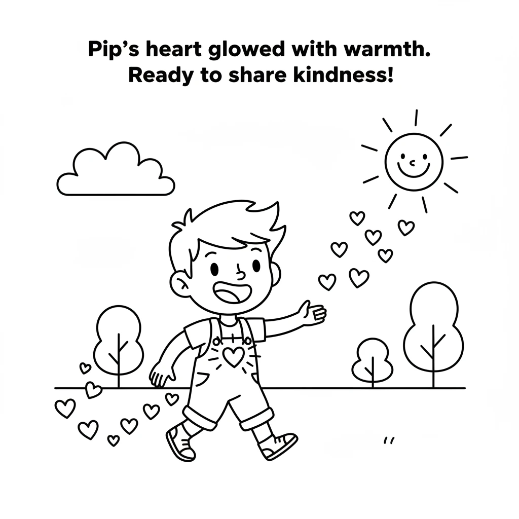 With a newfound understanding, Pip continued the journey, leaving a trail of tiny, happy heart shapes behind. The world seemed brighter, and Pip's own